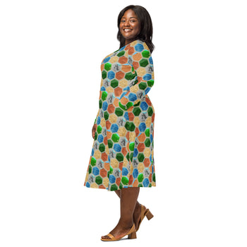 Nerdy Hexagon Tile Board Game Long Sleeve Midi Dress