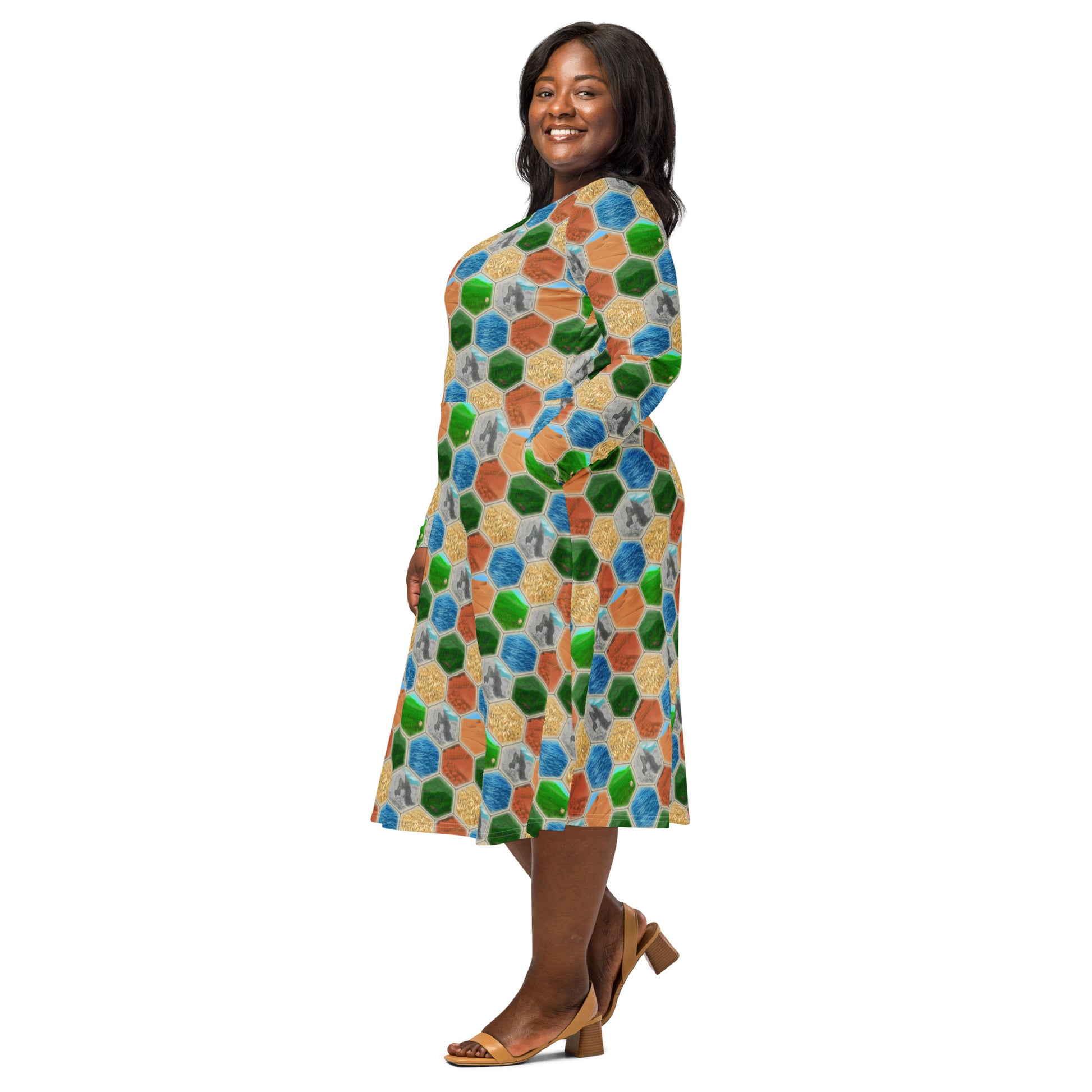 Hexagon Tile Board Game Long Sleeve Midi Dress 2