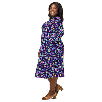 Nerdy Tabletop RPG Weapons Items Purple Blue Dnd Long Sleeve Midi Dress