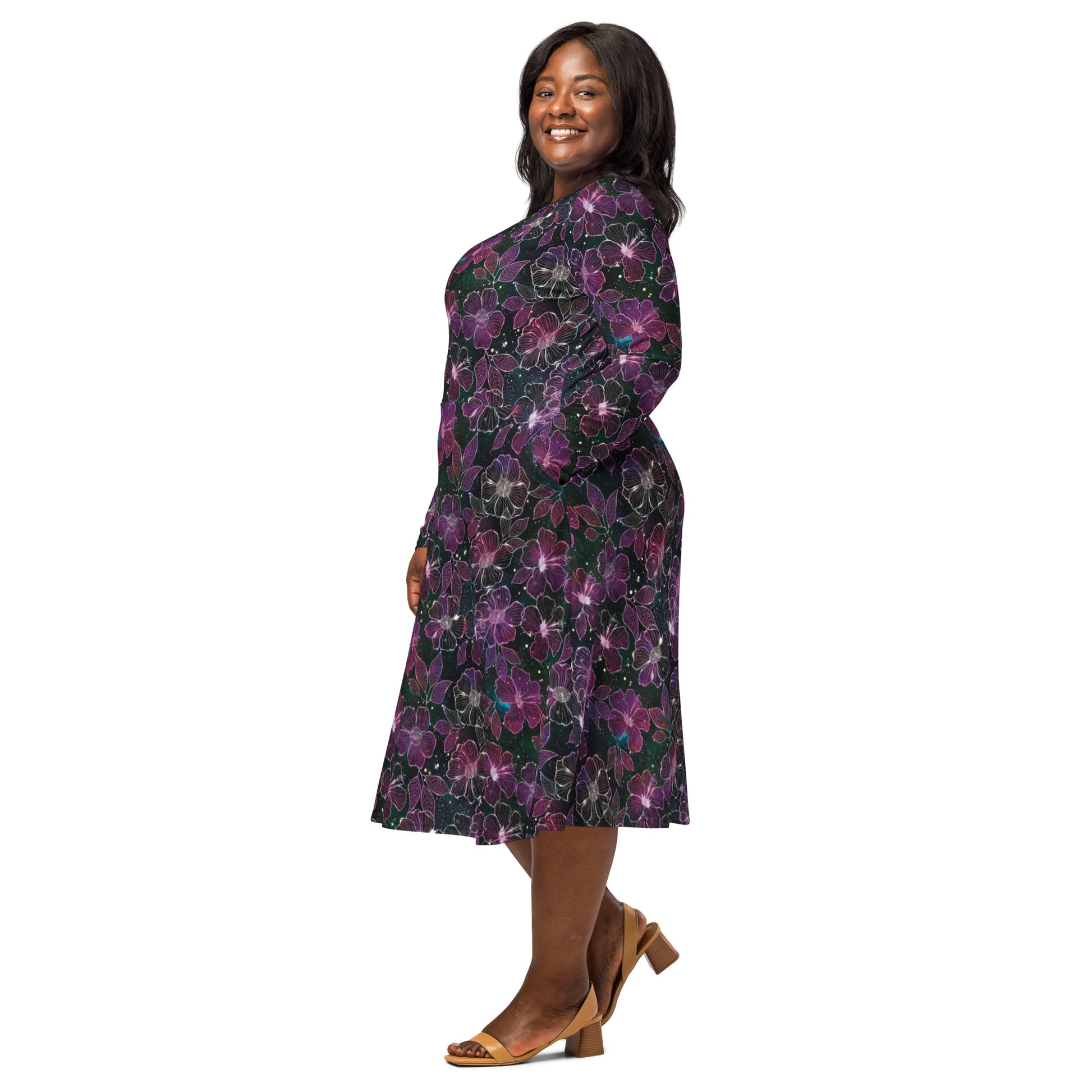 Hawaiian Blooms Space Long Sleeve Midi Dress 2