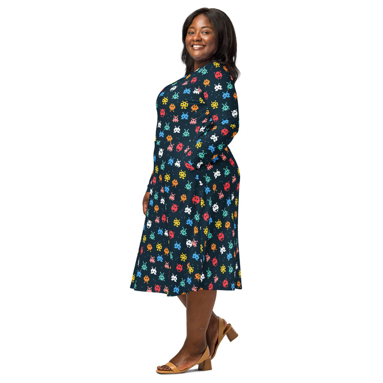 Nerdy Pixel Monsters Teal Video Game Long Sleeve Midi Dress