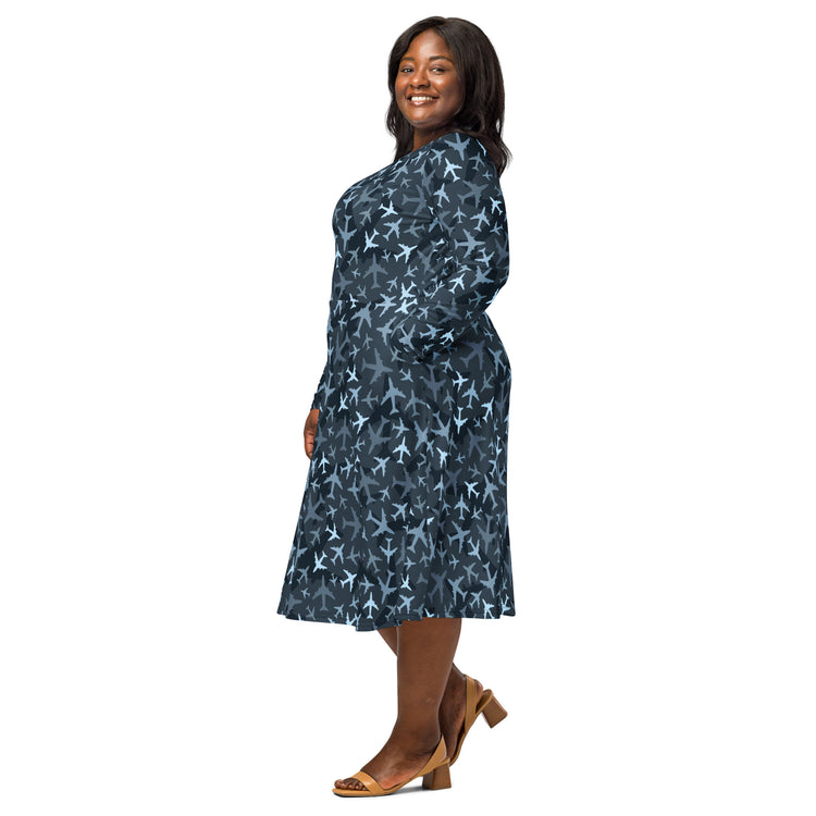Nerdy Airplanes Blue Camouflage Blue Long Sleeve Midi Dress