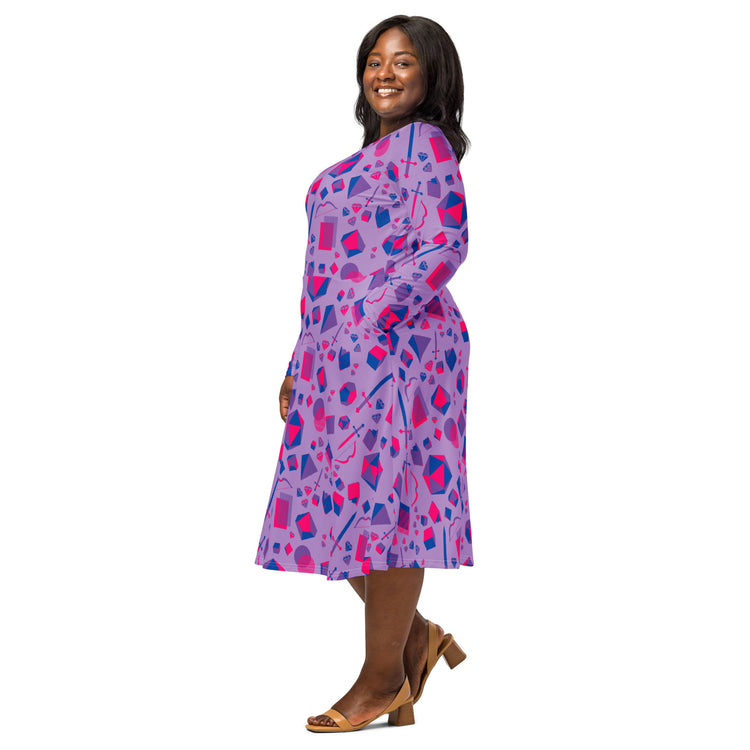 Nerdy Pink Blue and Bisexual Colors Tabletop RPG Items Dnd Long Sleeve Midi Dress