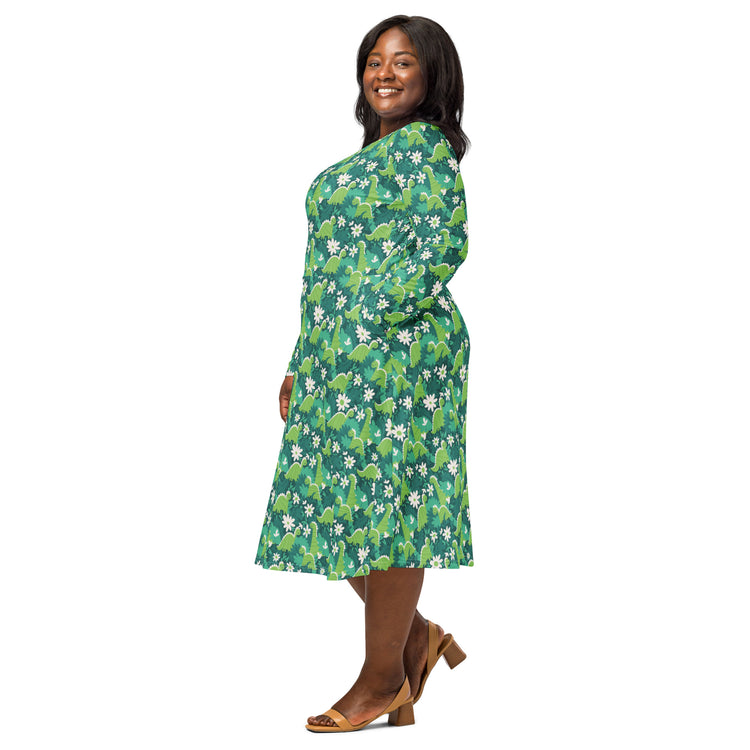 Nerdy Dinosaur Smiles Flowers and Leaves Long Sleeve Midi Dress