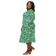 Nerdy Dinosaur Smiles Flowers and Leaves Long Sleeve Midi Dress