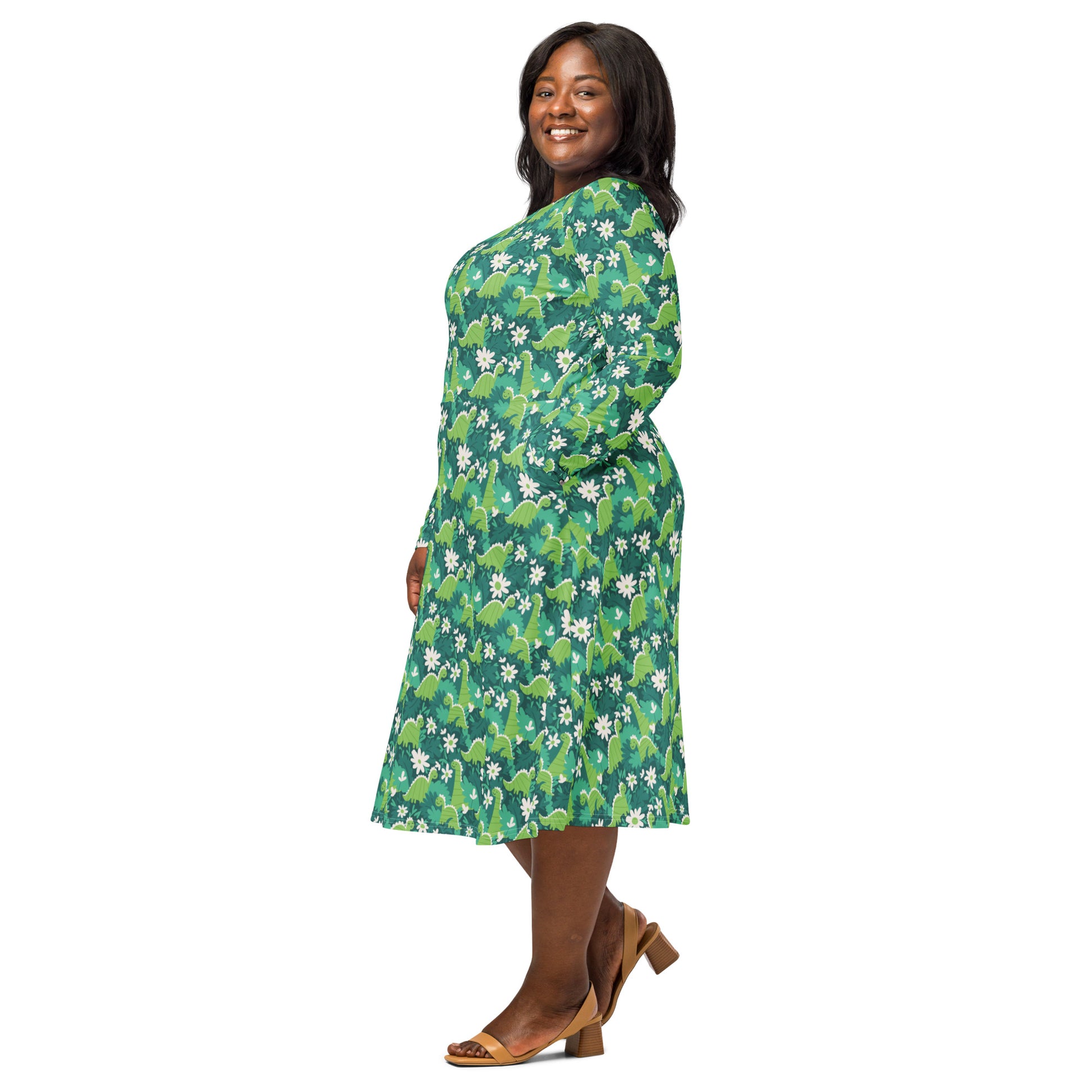 Dinosaur Smiles Flowers and Leaves Long Sleeve Midi Dress 2