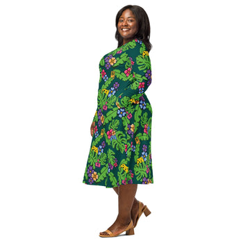 Nerdy Tropical Video Game Pixels Long Sleeve Midi Dress