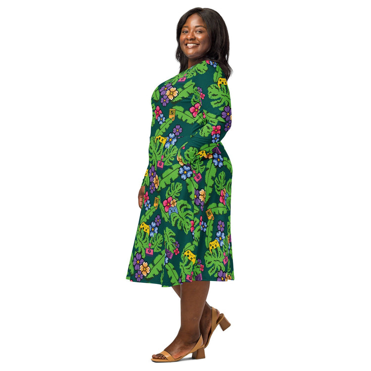 Nerdy Tropical Video Game Pixels Long Sleeve Midi Dress