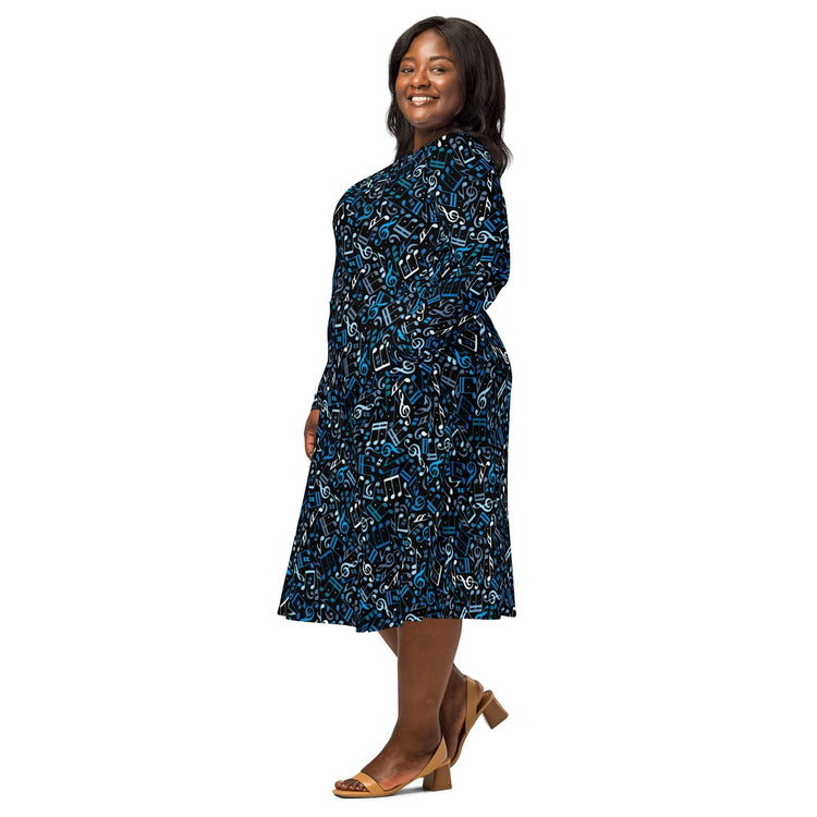 Nerdy Dotted Blue Musical Notes Black Long Sleeve Midi Dress