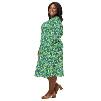 Nerdy Dinosaur Smiles Flowers and Leaves Long Sleeve Midi Dress