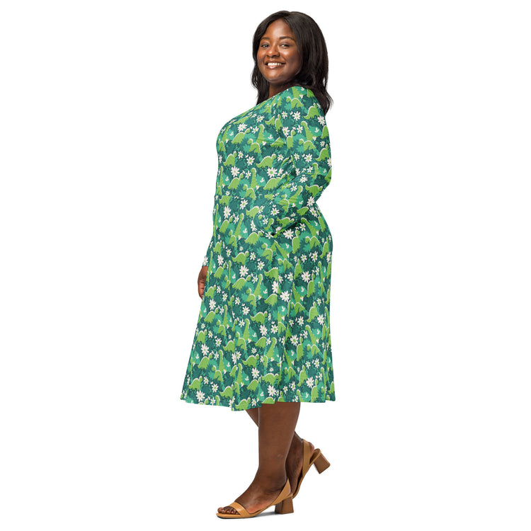 Nerdy Dinosaur Smiles Flowers and Leaves Long Sleeve Midi Dress