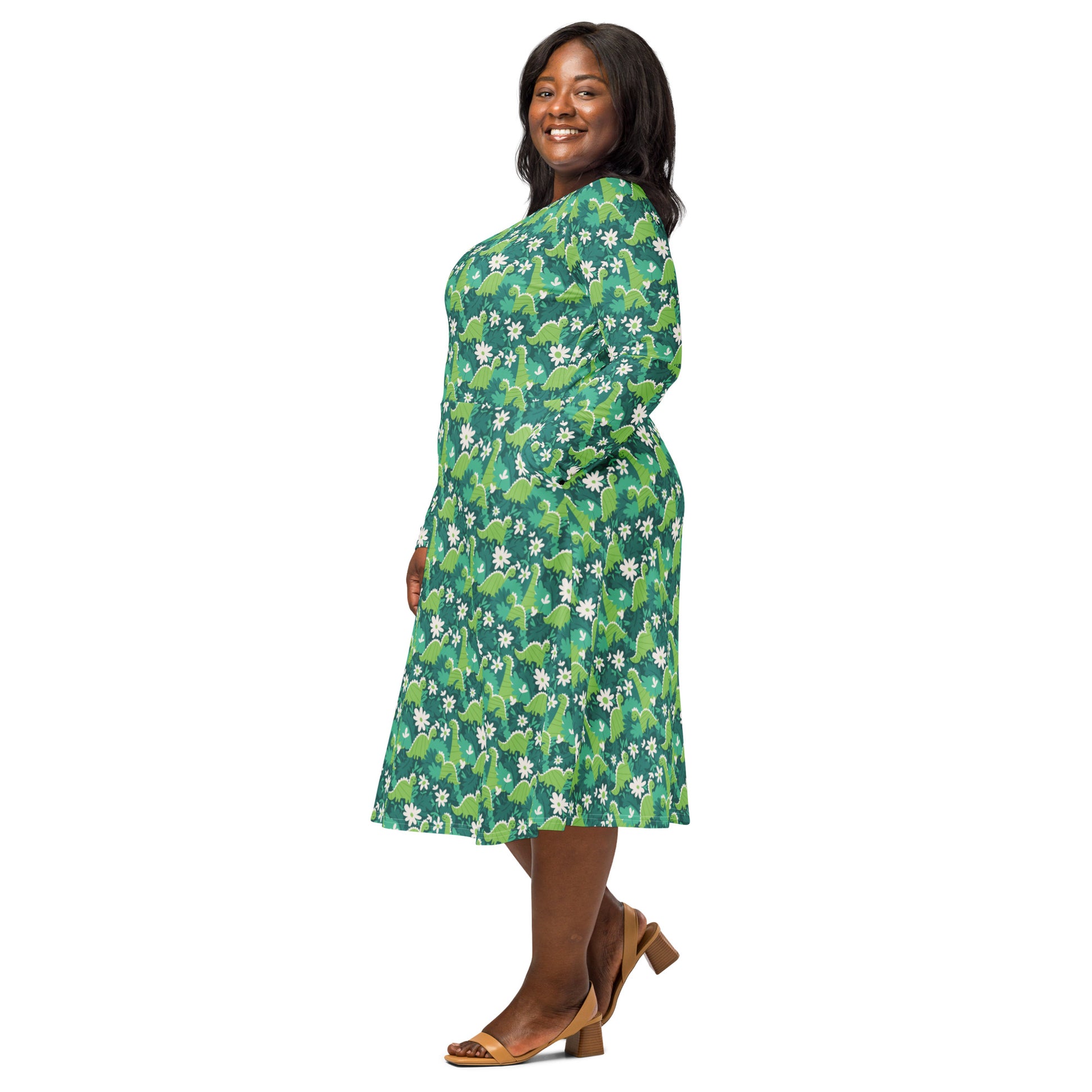 Dinosaur Smiles Flowers and Leaves Long Sleeve Midi Dress 2