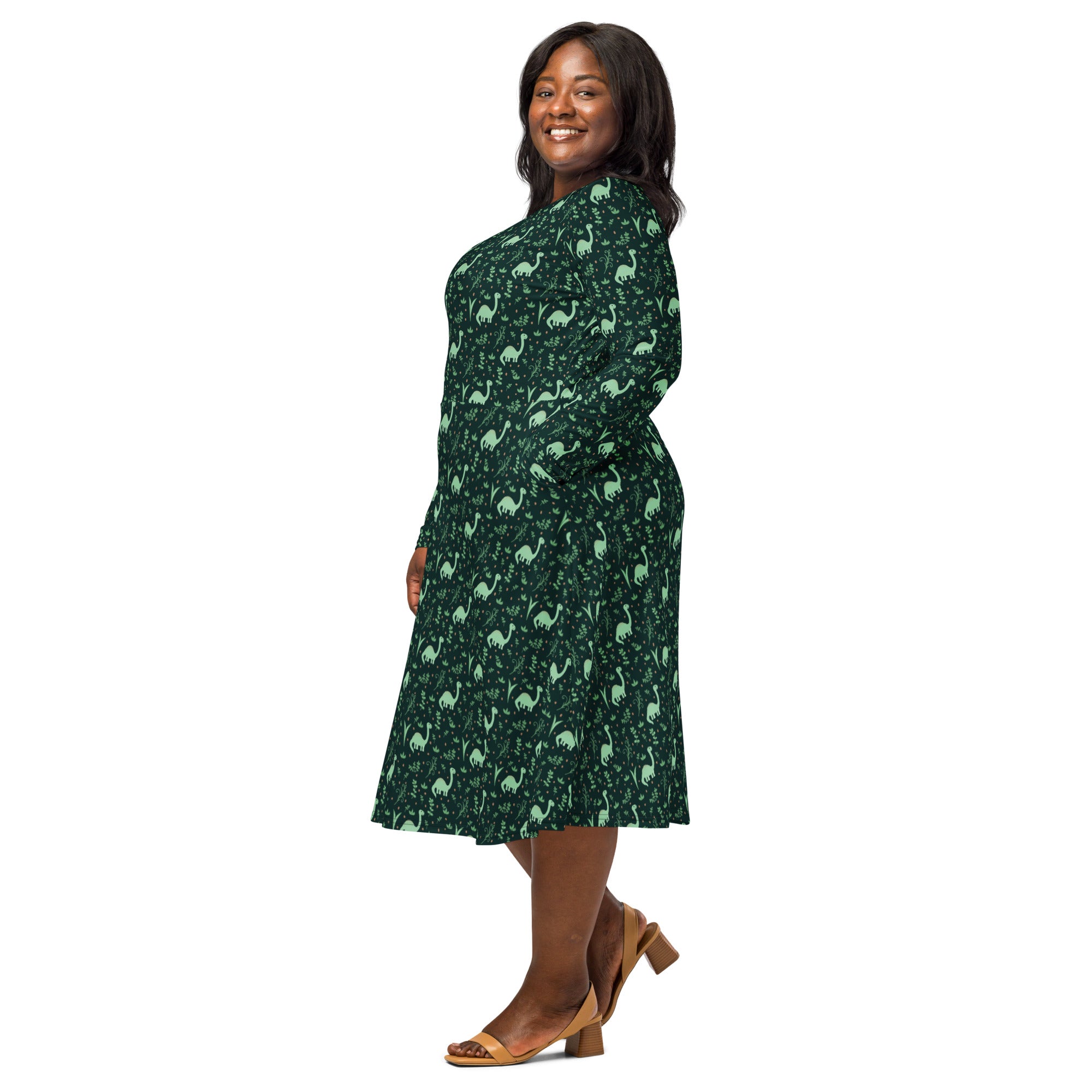 Dino Green Tropics Green Dinosaur Long Sleeve Midi Dress 2