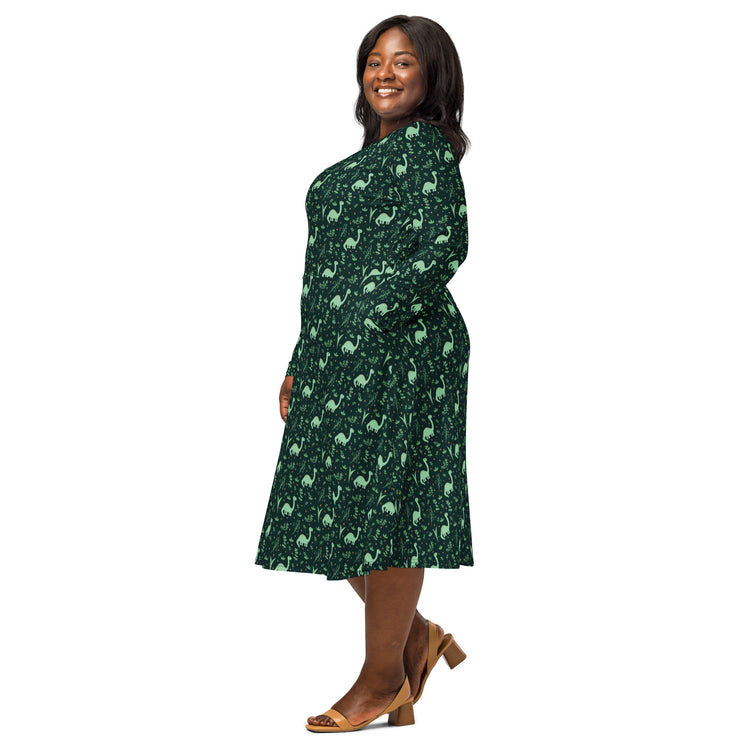 Nerdy Dino Green Tropics Green Dinosaur Long Sleeve Midi Dress