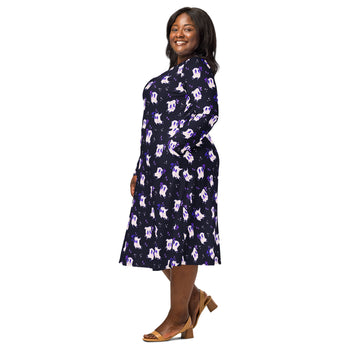 Nerdy Anxious Ghosts Purple Long Sleeve Midi Dress