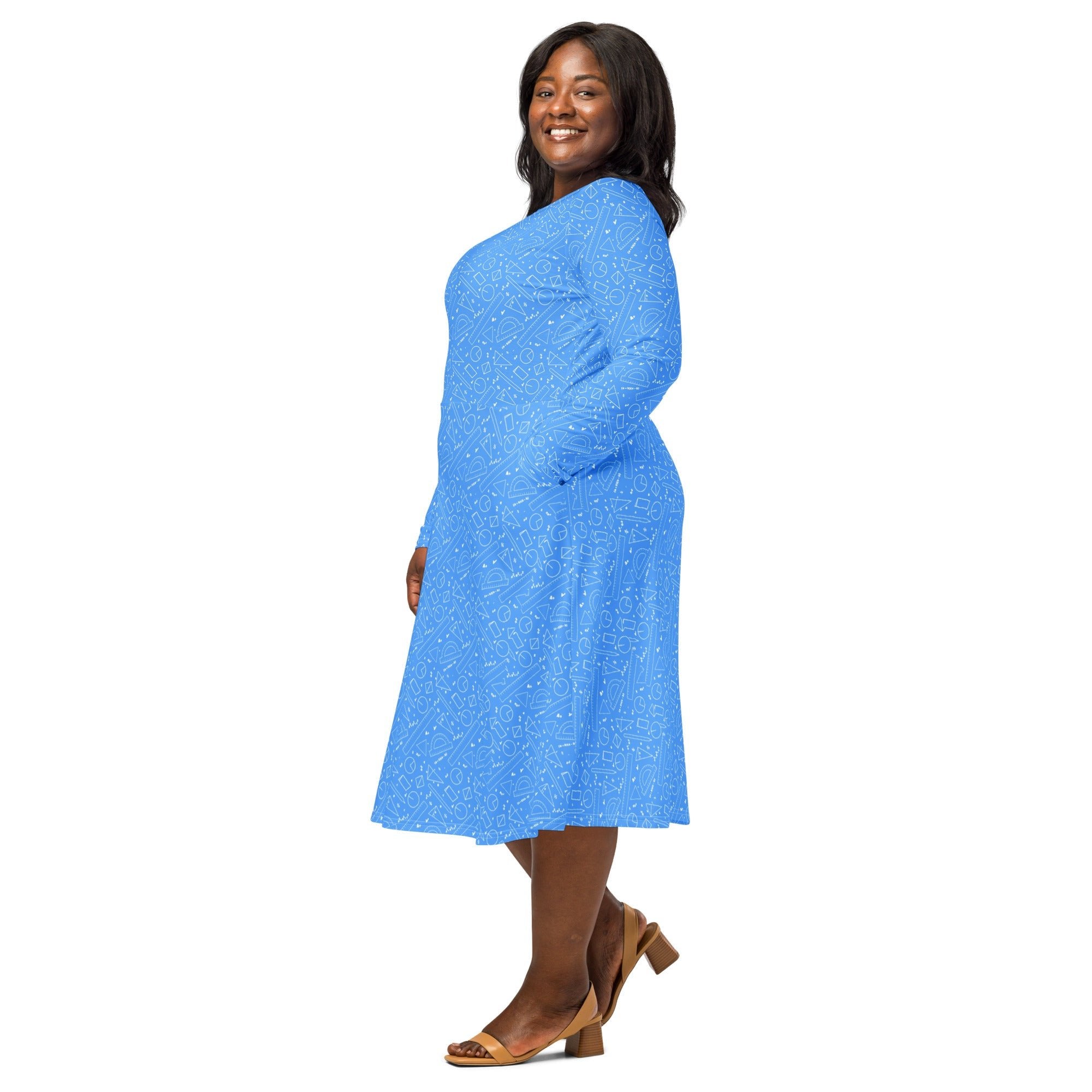 Geometry Blue Math Long Sleeve Midi Dress 2