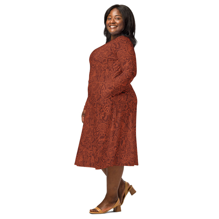 Nerdy Human Anatomy Red Long Sleeve Midi Dress
