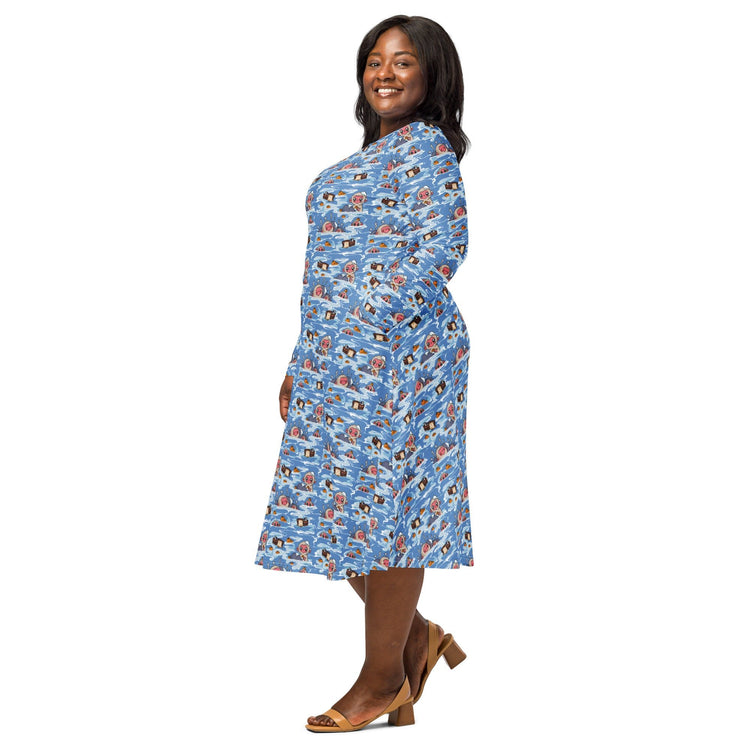Nerdy Onsen Snow Monkeys Long Sleeve Midi Dress