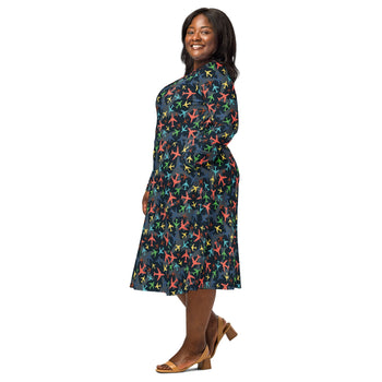 Nerdy Multi Colored Airplanes on Blue Long Sleeve Midi Dress