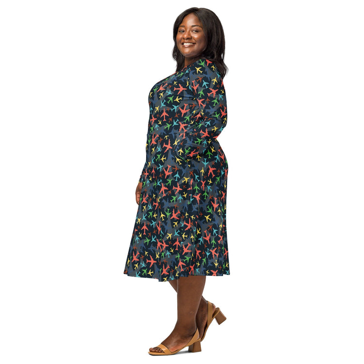 Nerdy Multi Colored Airplanes on Blue Long Sleeve Midi Dress