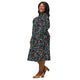Nerdy Multi Colored Airplanes on Blue Long Sleeve Midi Dress