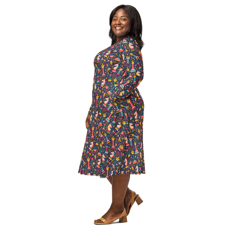 Nerdy Chess Colorful Chess Pieces Blue Long Sleeve Midi Dress