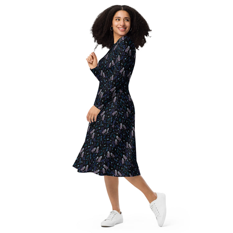 Nerdy Episodic Owl Floral Long Sleeve Midi Dress