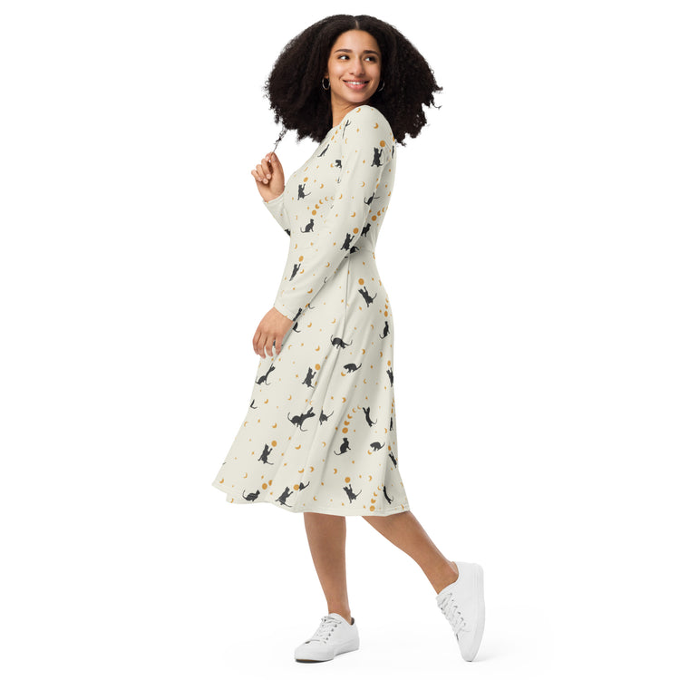 Nerdy Episodic Cat Catching the Moon Long Sleeve Midi Dress