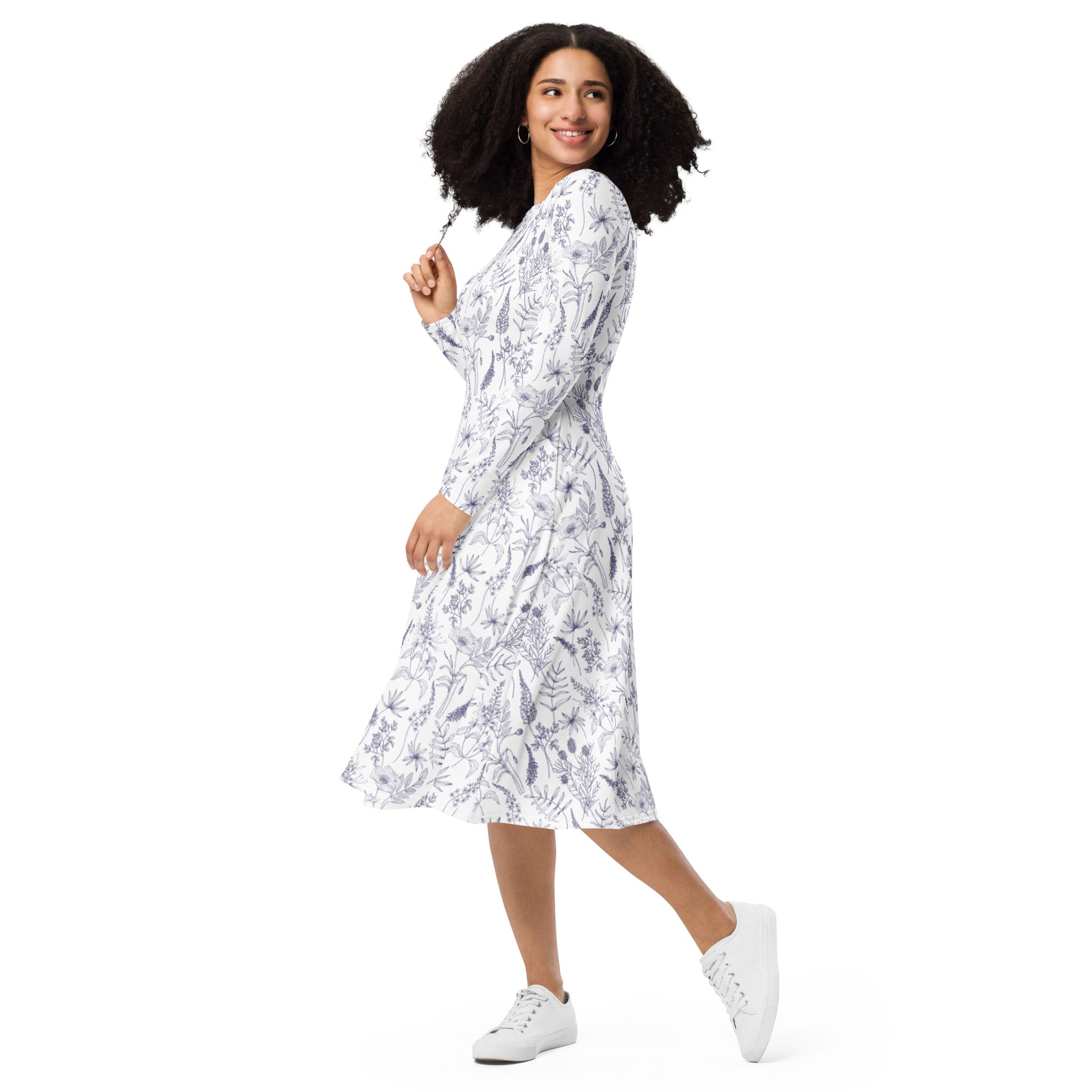 Simple Botany Flowers Herbs White Blue Long Sleeve Midi Dress 3