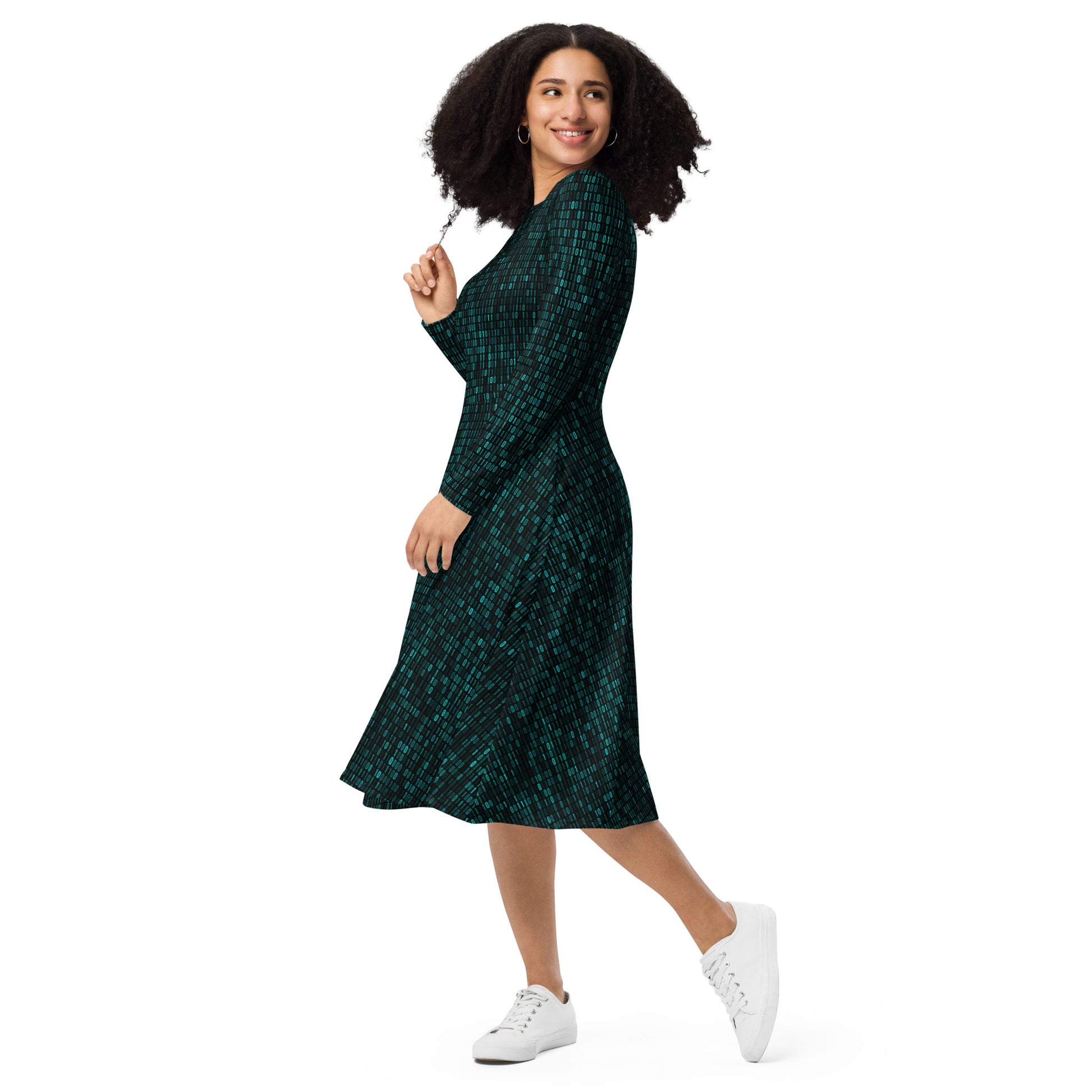 Binary Computer 1s and 0s Teal Black Long Sleeve Midi Dress 3