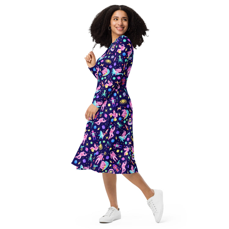 Nerdy Astronaut Pixels Outer Space Purple Blue Long Sleeve Midi Dress