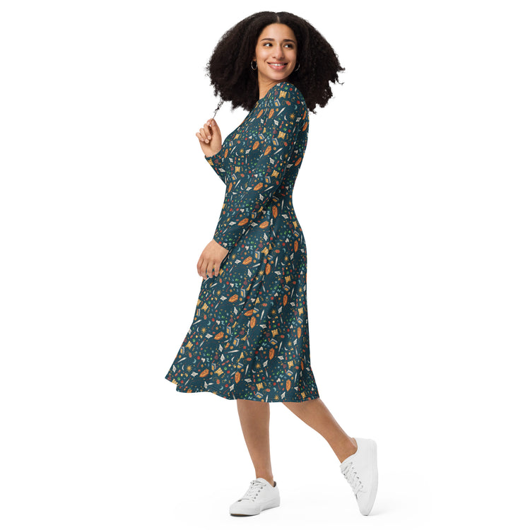 Nerdy Dnd Adventure Long Sleeve Midi Dress