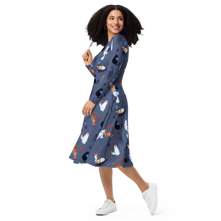 Nerdy Video Game Cats Light Long Sleeve Midi Dress