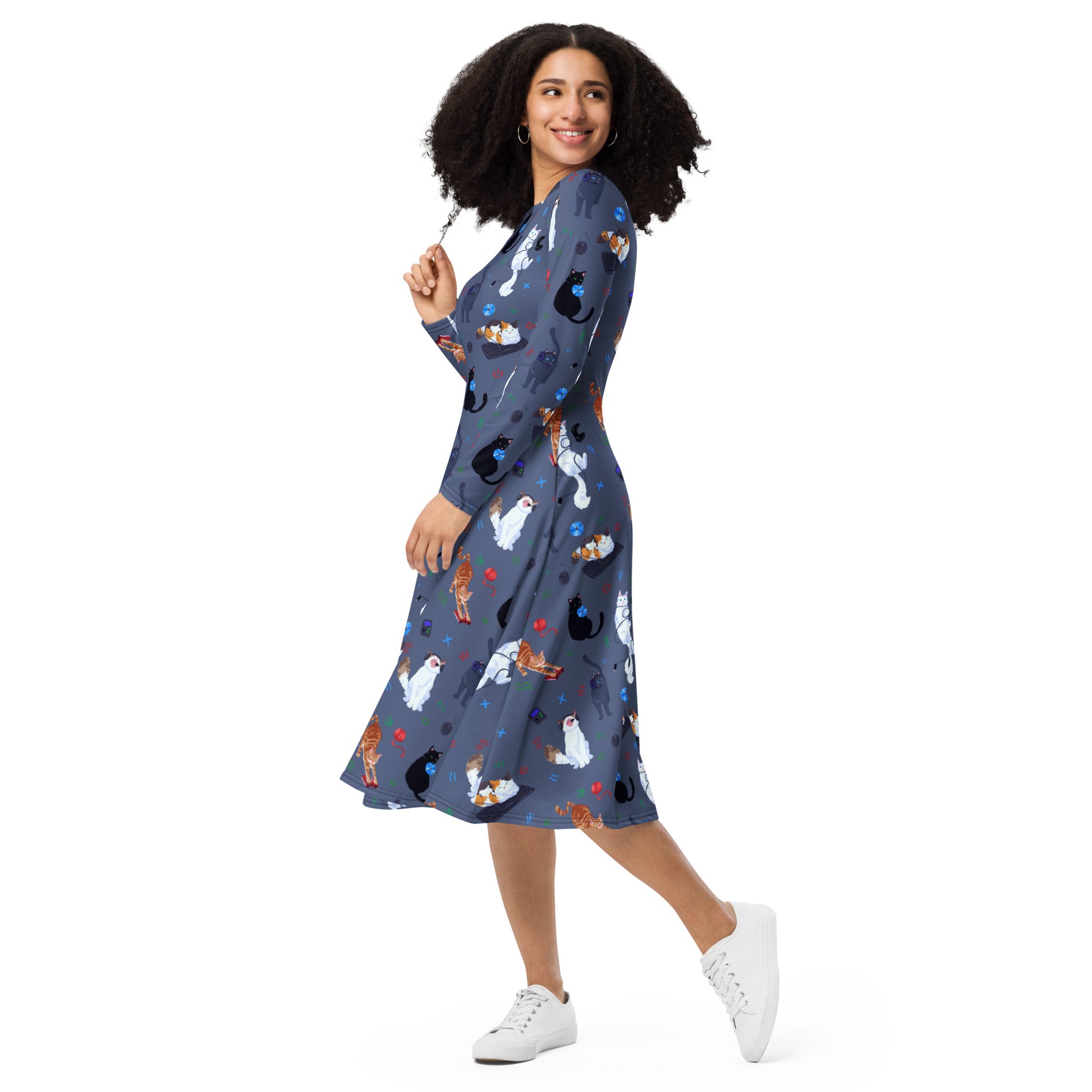 Video Game Cats Light Long Sleeve Midi Dress 3