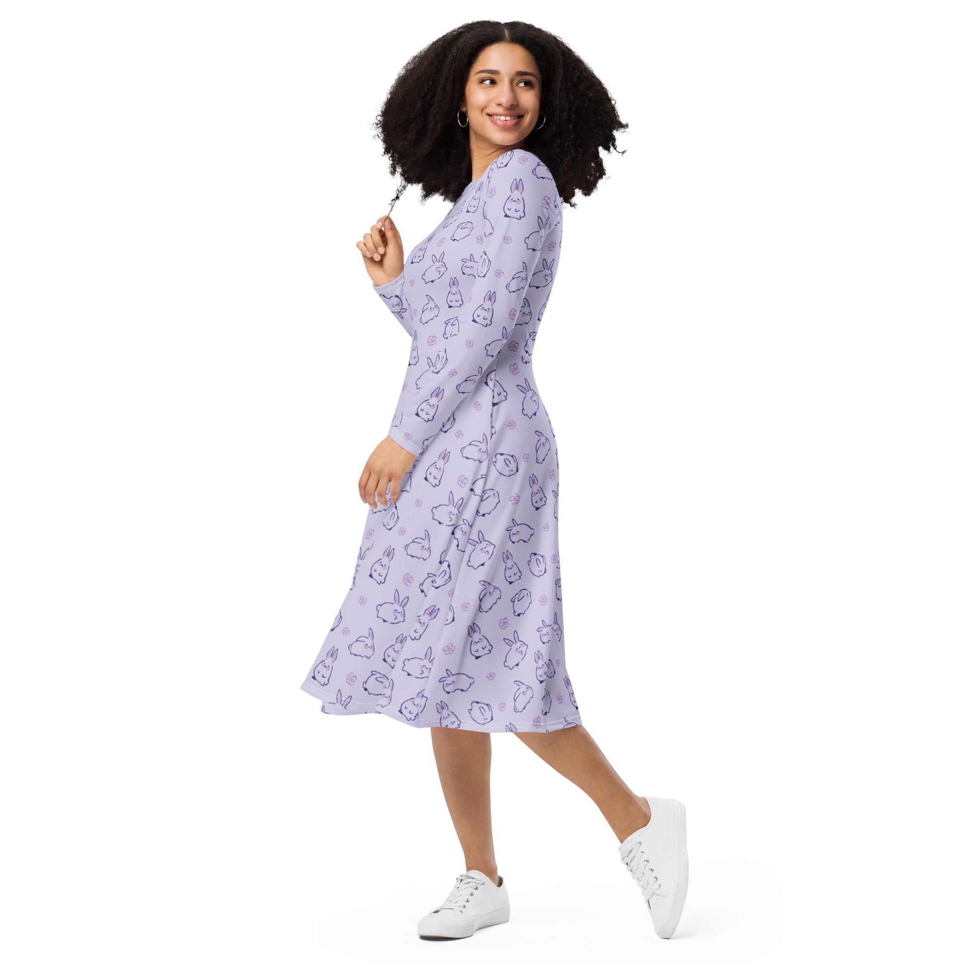 Lilac Anime Bunnies Long Sleeve Midi Dress 3