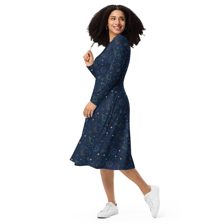Nerdy Space Doodles Blue Long Sleeve Midi Dress