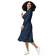 Nerdy Space Doodles Blue Long Sleeve Midi Dress