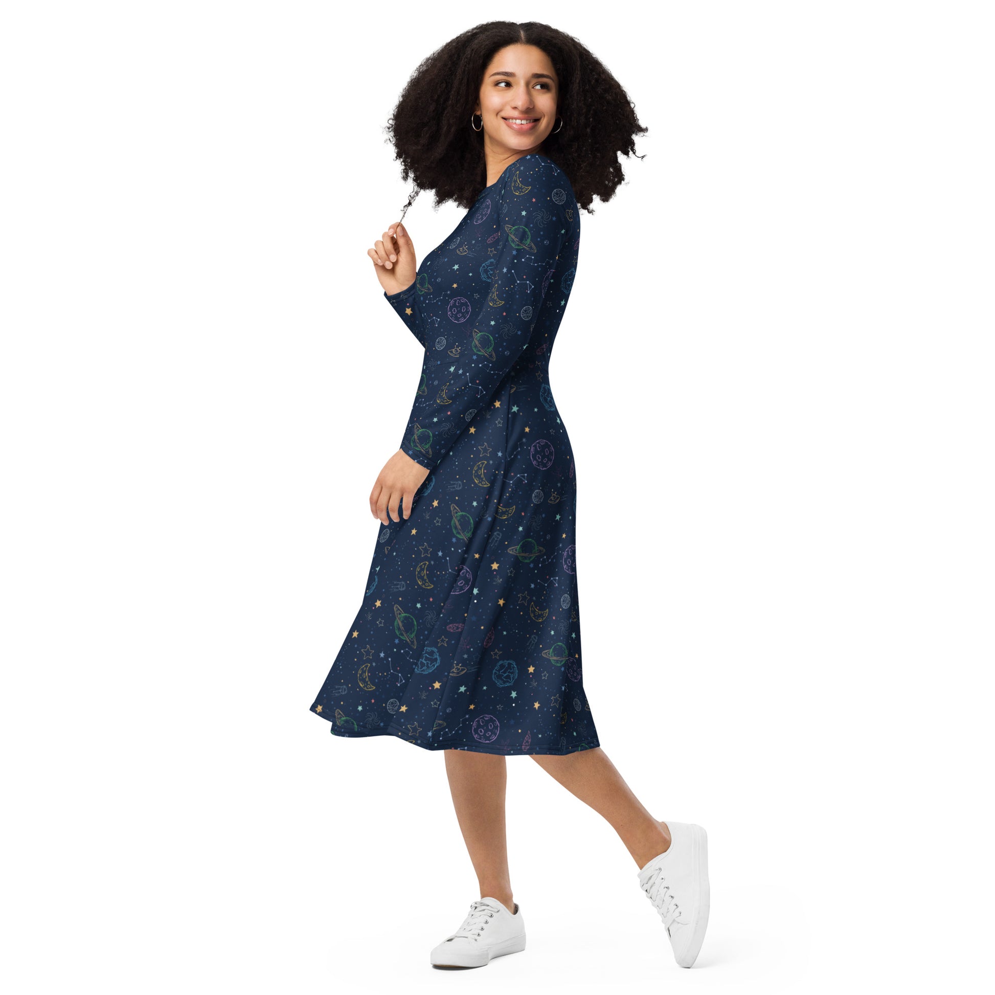 Space Doodles Blue Long Sleeve Midi Dress 3