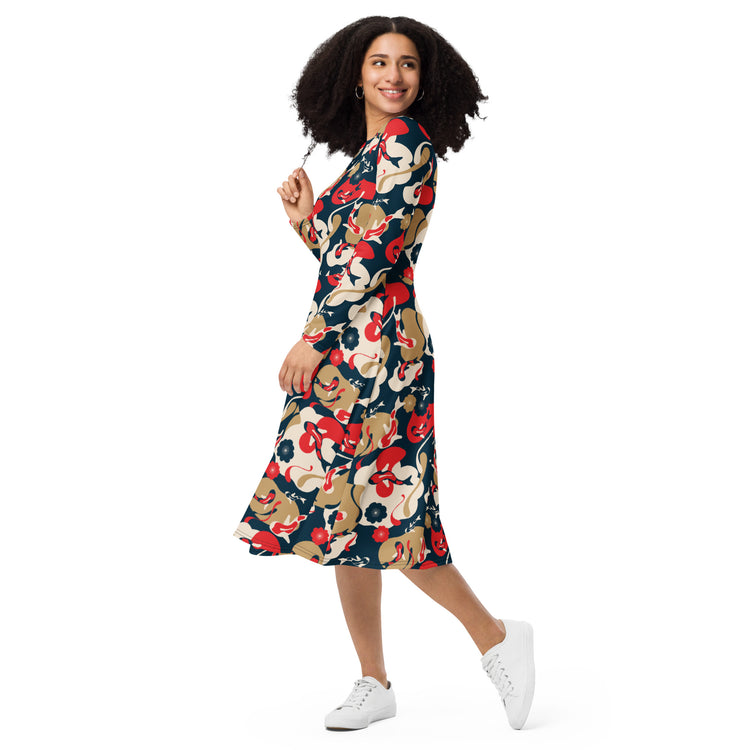 Nerdy Modern Koi Long Sleeve Midi Dress