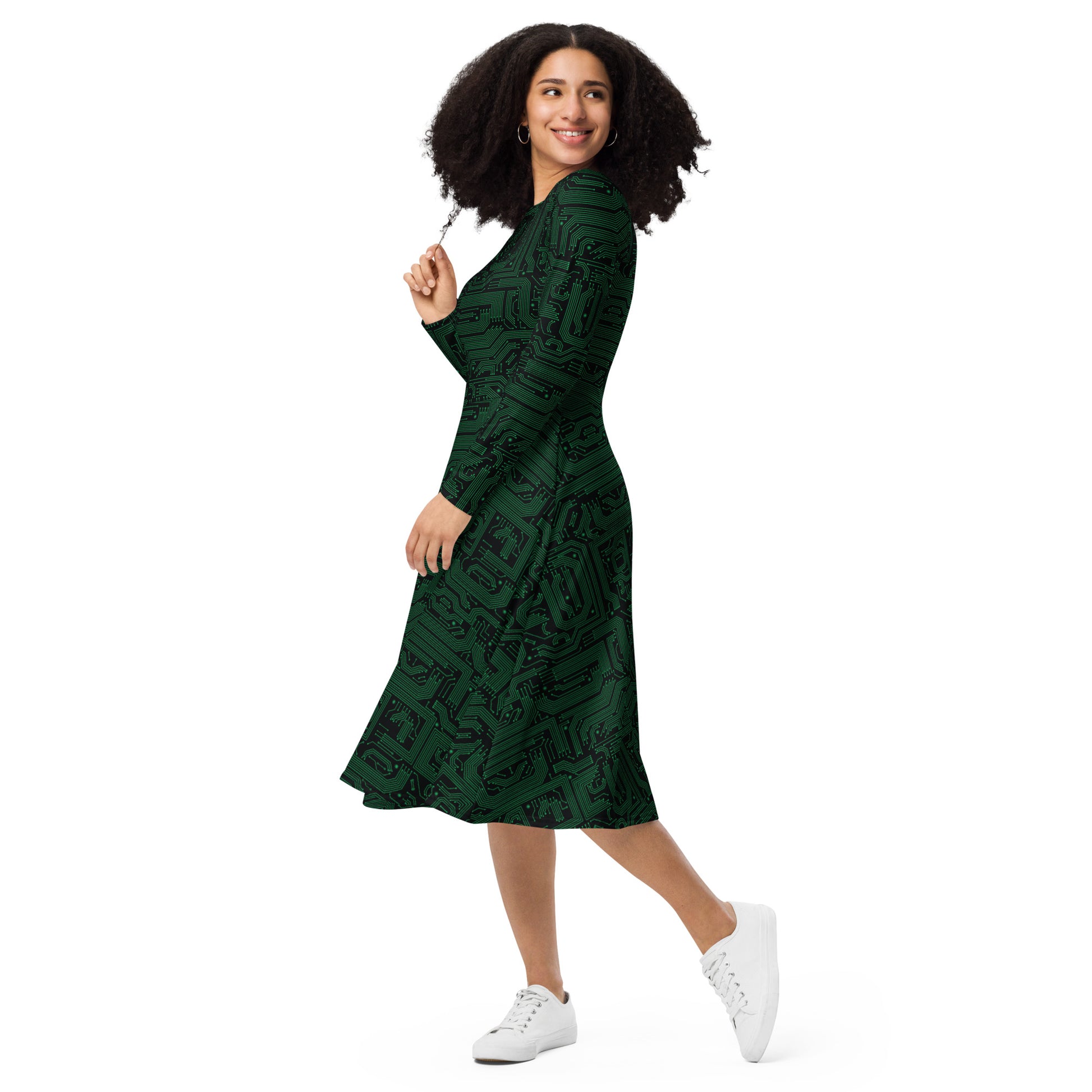 Green Computer Circuits Long Sleeve Midi Dress 3