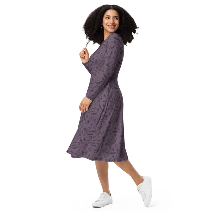 Nerdy Bones and Flowers Purple Long Sleeve Midi Dress
