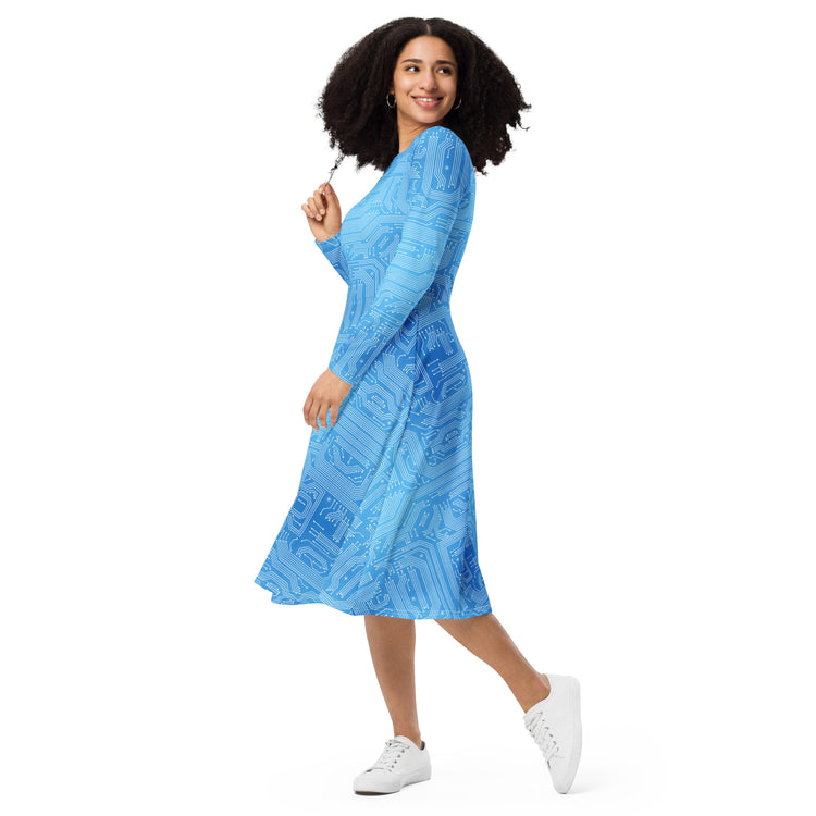 Nerdy Blue Computer Circuit Board Long Sleeve Midi Dress