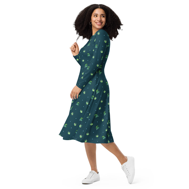Nerdy Raining Frogs Dark Teal Long Sleeve Midi Dress