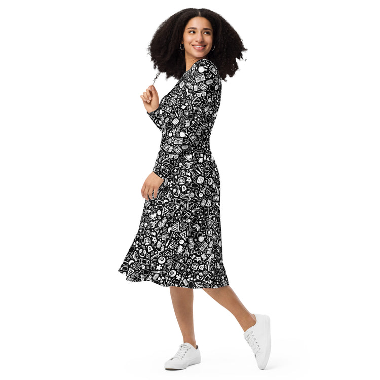 Nerdy Nerdy Doodles Black Long Sleeve Midi Dress