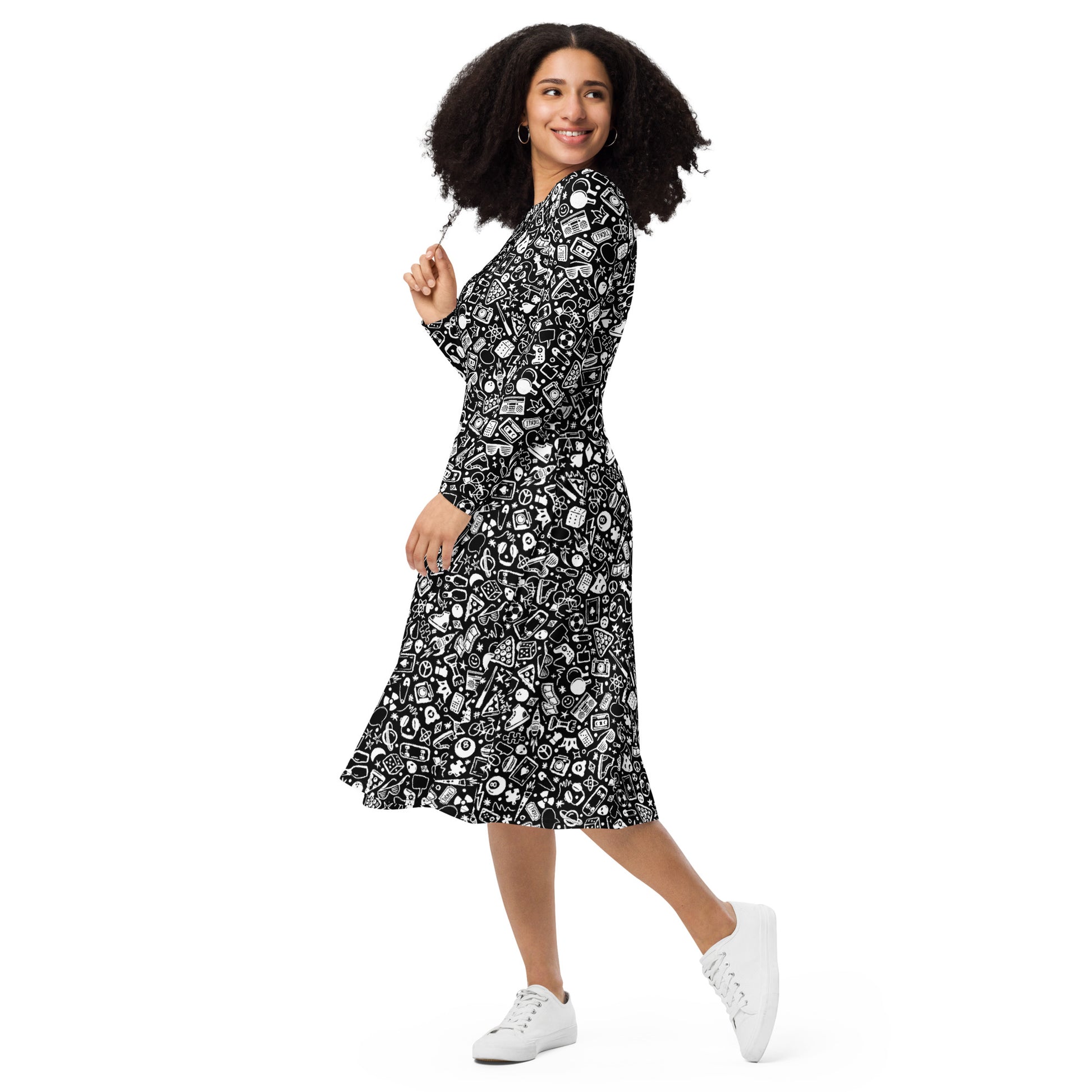 Nerdy Doodles Black Long Sleeve Midi Dress 3
