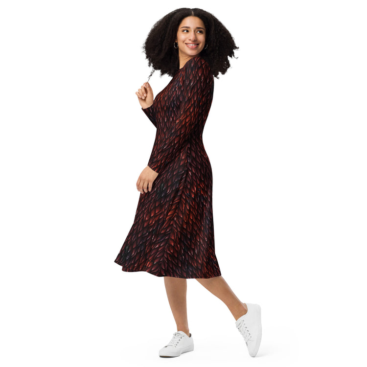 Nerdy Red Dragon Scales Dnd Long Sleeve Midi Dress