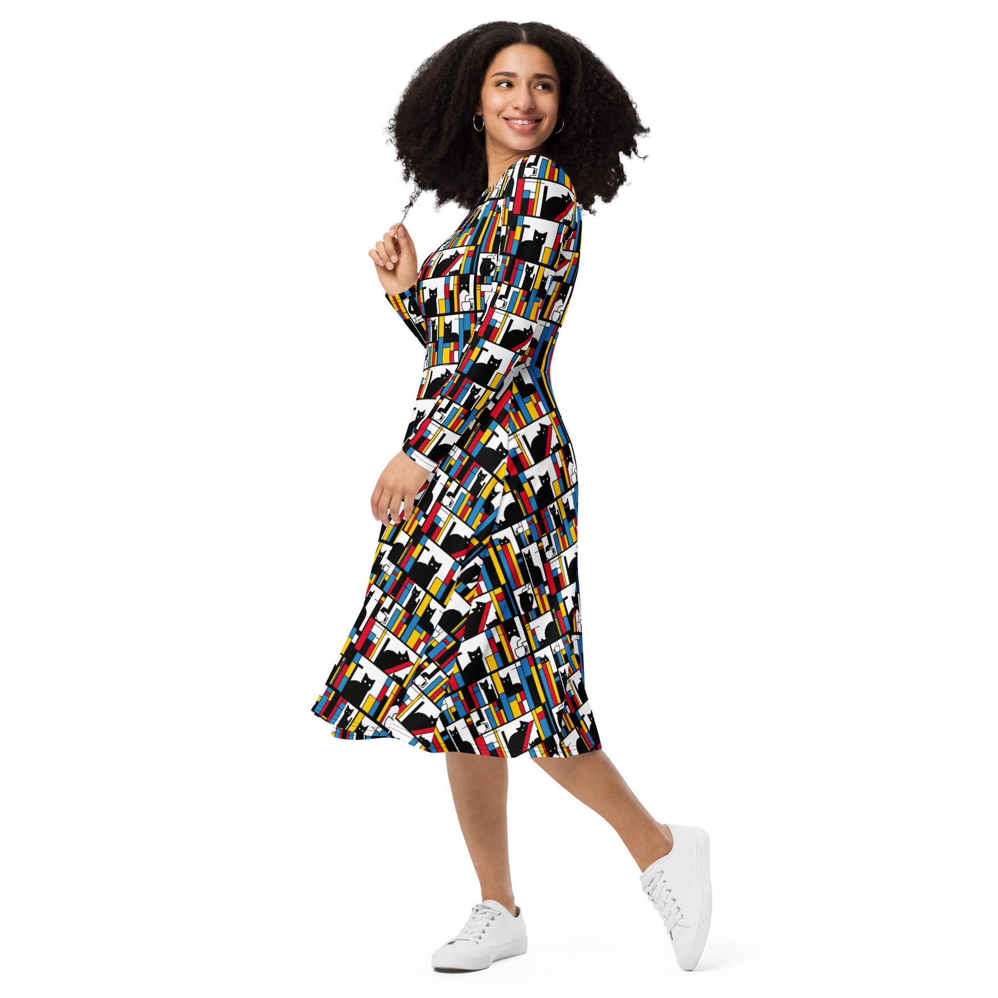 Mondrian Cat Library Long Sleeve Midi Dress 3
