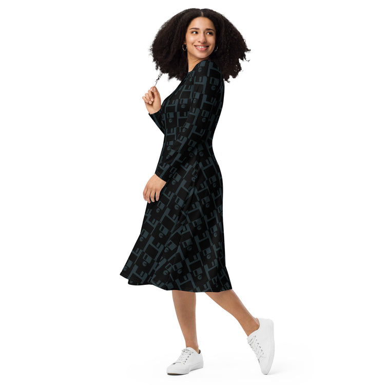 Nerdy Floppy Disk Long Sleeve Midi Dress