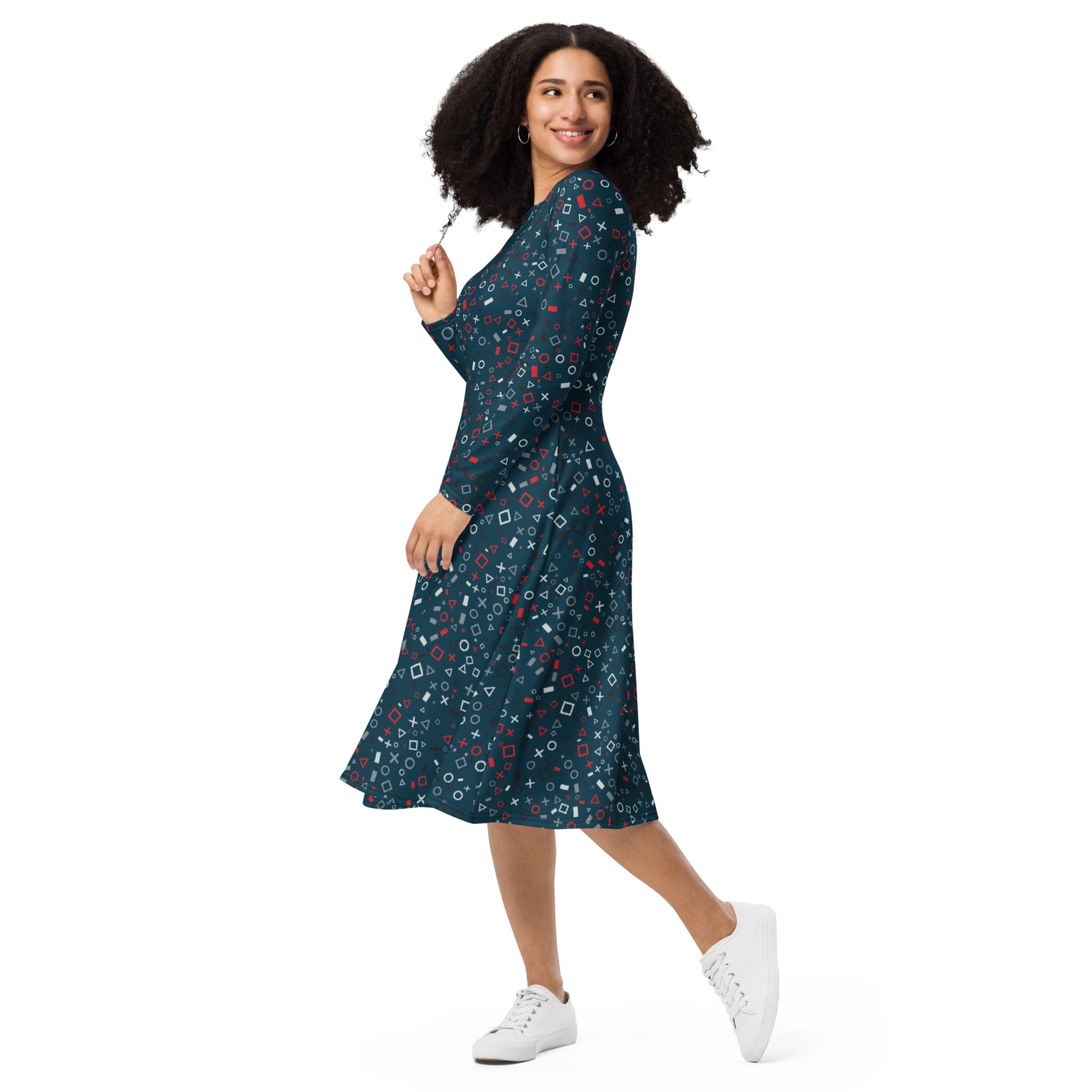 Controller Gamepad Icons Teal Video Game Long Sleeve Midi Dress 3