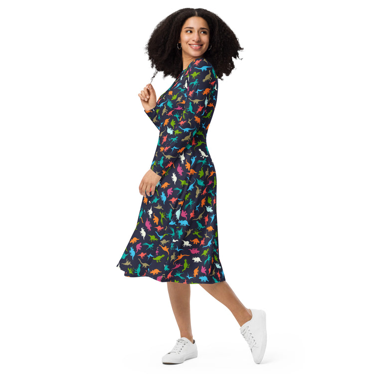 Nerdy Colorful Dinosaur Silhouettes Navy Long Sleeve Midi Dress